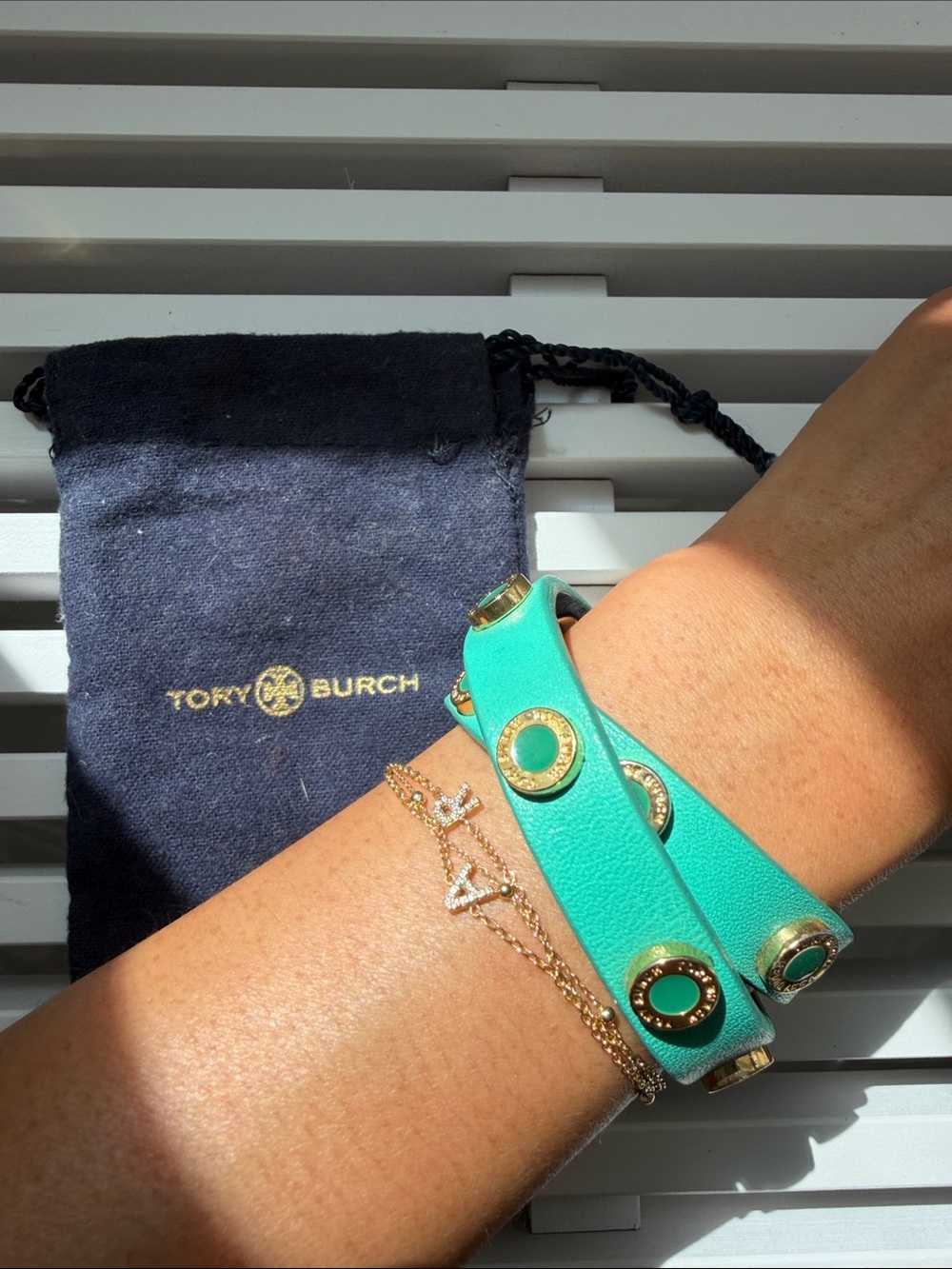 Tory Burch NWT Turquoise Double-Wrap Leather Bracelet with Gold-Tone Studs